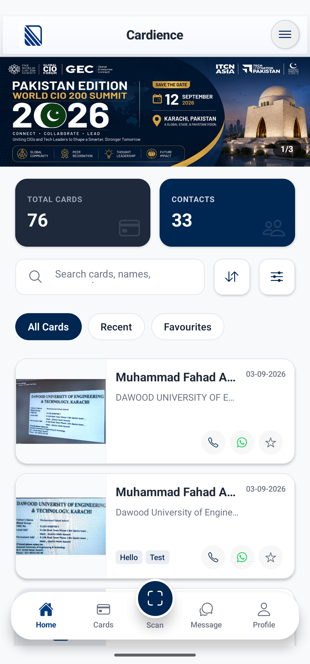 Cardience app home screen