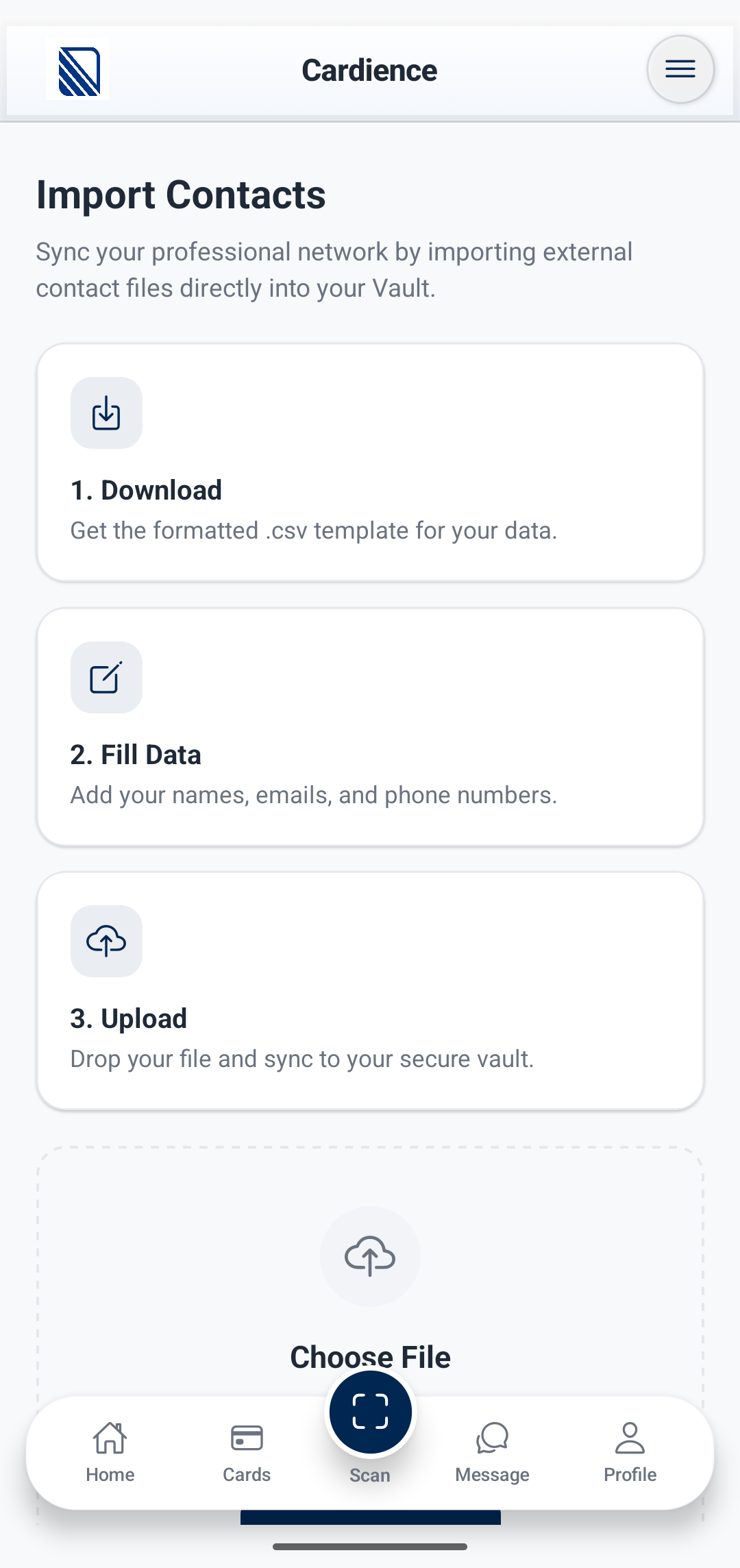 Cardience import contact screen
