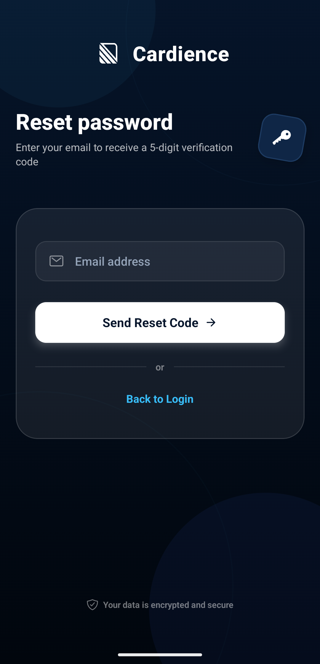 Cardience reset password screen