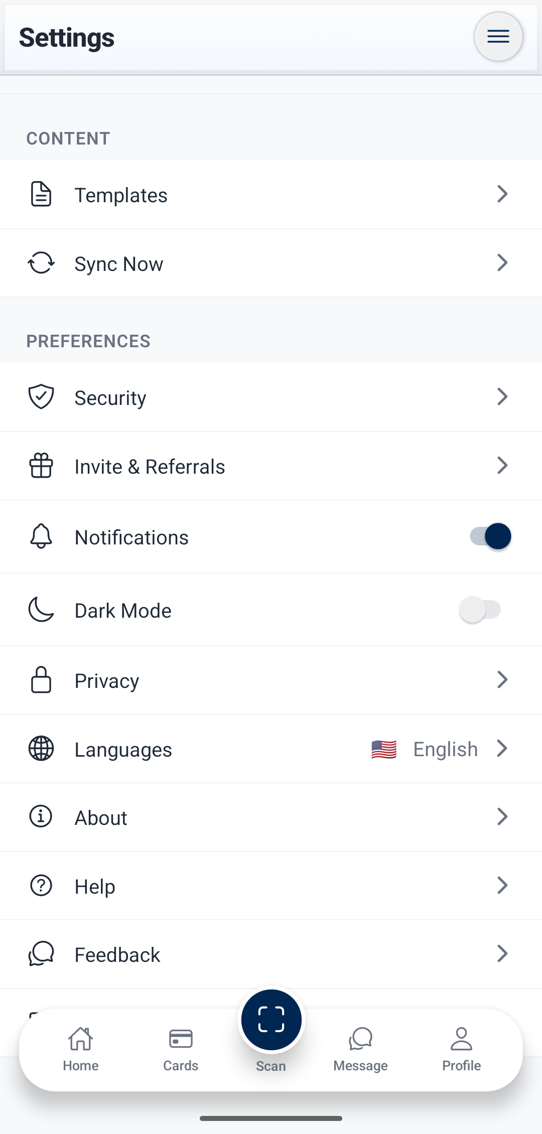 Cardience settings screen